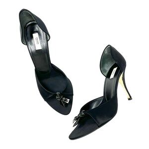 Vintage Prada 90s Y2K Black Satin Belt Buckle Bow Knot Open Toe Heels Shoes 38 8